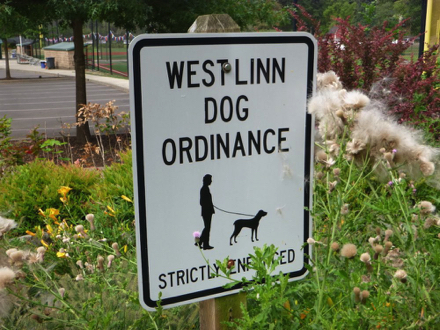 Signage: West Linn Dog Ordinance – dogs must be on leash – Strictly enforced